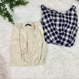 Bundle cream ribbed wrap crop top navy gingham blouse